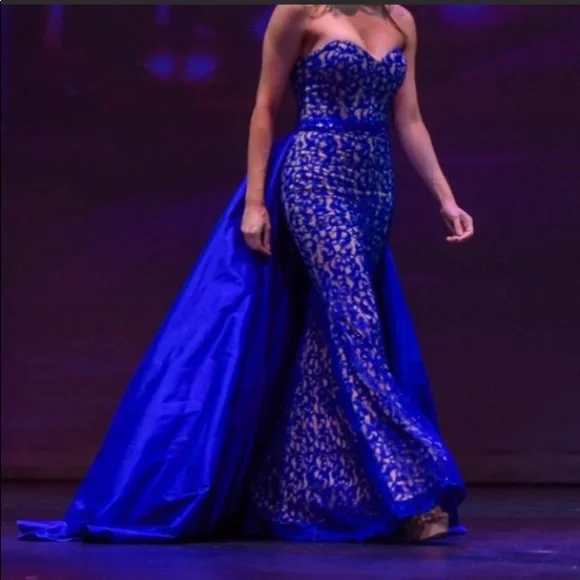 Show Stopping Jovani Royal Blue Lace Silk overskirt pageant Gown Long Prom Dress - Picture 2 of 6